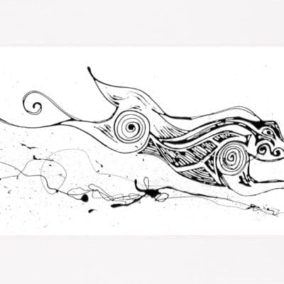 A print of The Púca, a mischievous creature from Irish folklore by Kathryn Callaghan, is shown presented in an off-white double mount.