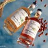Two bottles of Mourne Dew Distillery Irish Poitín photographed against a mirrored surface reflection a cloudy blue sky. The surface is littered with hazelnuts and wheat, and the label bears Kathryn Callaghan's Púca painting.