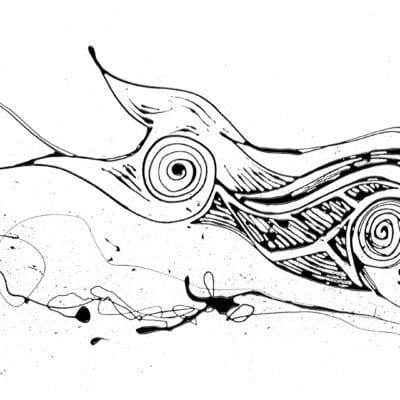 A print by Kathryn Callaghan of The Púca, a mischievous creature from Irish folklore. The Púca shown here is depicted in swirls of poured black ink, with a motif of spirals throughout.