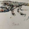A close up showing the handwritten titled of 'Claws' on a print by Kathryn Callaghan which features a European lobster.