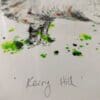 A close up showing the handwritten titled of 'Kerry Hill' on a print by Kathryn Callaghan which features a Kerry Hill sheep.