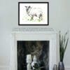 Kerry Hill, a print of a Kerry Hill sheep by Kathryn Callaghan, shown in a classic black frame in a pale green living room.