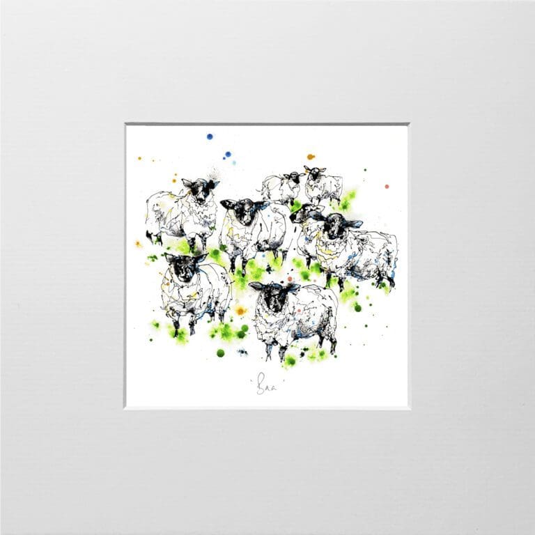 A digital mockup showing how a miniature print of Baa by Kathryn Callaghan will look presented in a 23cm mount. Baa features a flock of Scottish Blackface sheep looking curiously at the viewer.