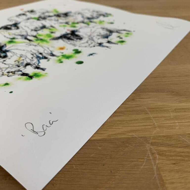 Photograph of Baa, a print of a flock of sheep by Kathryn Callaghan, which shows the print's title handwritten in the bottom left corner and the artist's signature in the bottom right, with space between to add a custom personalisation.