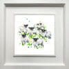 A print of a flock of sheep named Baa by Kathryn Callaghan, shown in a two-part deluxe white frame.