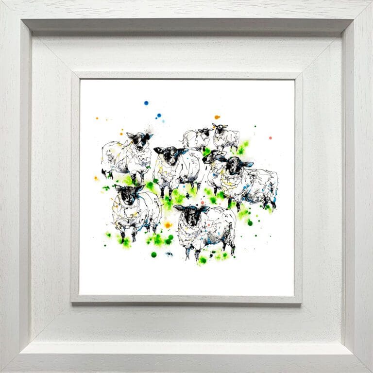 A print of a flock of sheep named Baa by Kathryn Callaghan, shown in a two-part deluxe white frame.