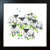 A print of a flock of sheep named Baa by Kathryn Callaghan, shown in a standard black frame.