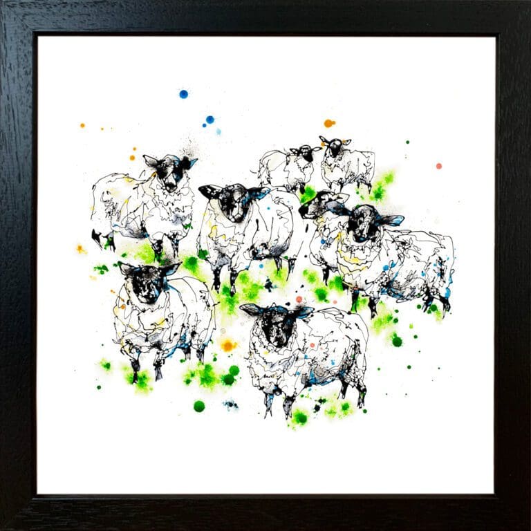 A print of a flock of sheep named Baa by Kathryn Callaghan, shown in a standard black frame.
