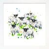 A print of a flock of sheep named Baa by Kathryn Callaghan, shown in a standard white frame.