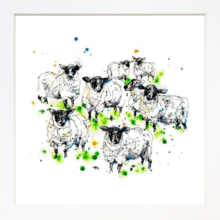 A print of a flock of sheep named Baa by Kathryn Callaghan, shown in a standard white frame.