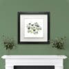 A print of a flock of sheep named Baa by Kathryn Callaghan, shown in a deluxe black frame in situ on a green wall above a white mantlepiece with eucalyptus plants.