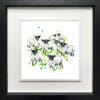 A print of a flock of sheep named Baa by Kathryn Callaghan, shown in a two-part deluxe black and white frame.