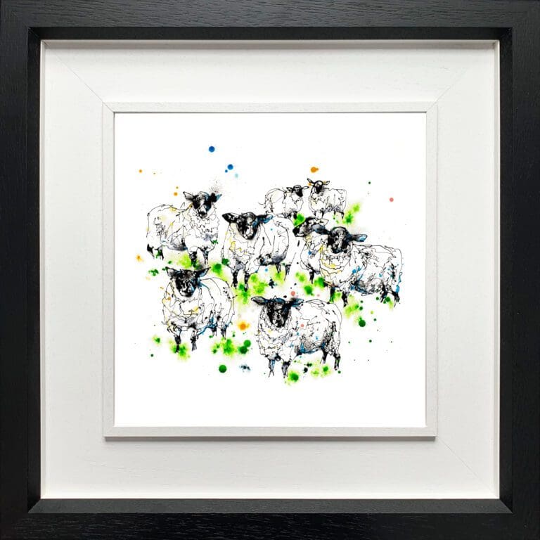 A print of a flock of sheep named Baa by Kathryn Callaghan, shown in a two-part deluxe black and white frame.