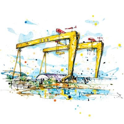 A print by Kathryn Callaghan titled 'Belfast Docks', which features prominently the yellow Harland & Wolff cranes named Samson and Goliath, with a view of Belfast in the background up to Cave Hill.