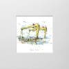 A digital mockup showing how a miniature print of Belfast Docks by Kathryn Callaghan will look presented in a 23cm mount. Belfast Docks features the yellow Harland & Wolff cranes with Cave Hill in the background.