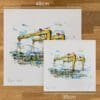 Two prints of Belfast Docks, a print by Kathryn Callaghan, to show the size difference between the 45cm print and the 30cm print.