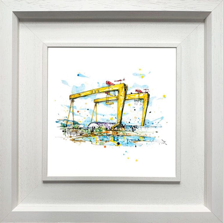 Belfast Docks, a print by Kathryn Callaghan, shown in a deluxe white frame.