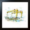 Belfast Docks, a print by Kathryn Callaghan, shown in a standard black frame.