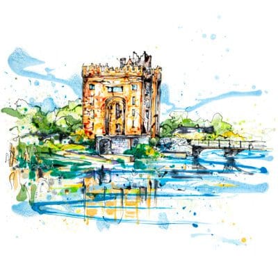 A print by Kathryn Callaghan titled 'Bunratty Castle', which features the castle shown in warm orange tones surrounded by fresh green and the bright blues of the River Ratty in Ireland.