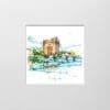 A digital mockup showing how a miniature print of Bunratty Castle by Kathryn Callaghan will look presented in a 23cm mount. Bunratty Castle features the eponymous castle lit in golden light above the blue Bunratty river.