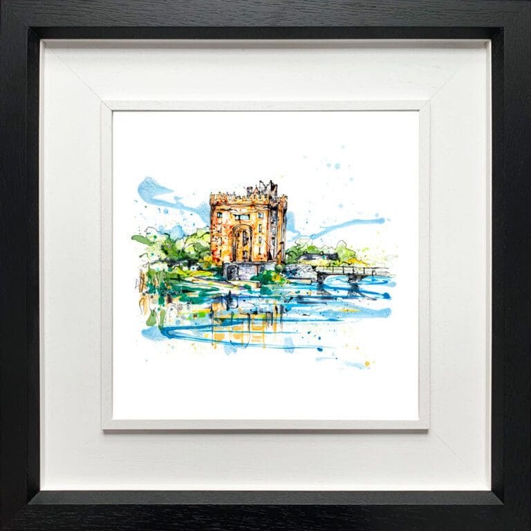 A print of Bunratty Castle by Kathryn Callaghan, shown in a two-part deluxe black and white frame.
