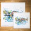 Two prints of Ha'penny Bridge Dublin by Kathryn Callaghan, to show the size difference between the 45cm print and the 30cm print.
