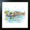 A print of Ha'penny Bridge in Dublin by Kathryn Callaghan shown in a standard black frame.