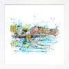 A print of Ha'penny Bridge in Dublin by Kathryn Callaghan shown in a standard white frame.