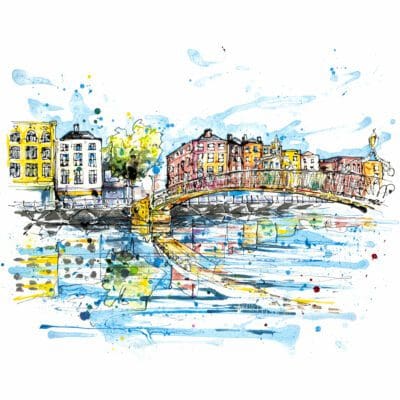 A poured painting by Kathryn Callaghan of Ha'penny Bridge in Dublin. The print of this painting is called 'Ha'penny Bridge, Dublin'.