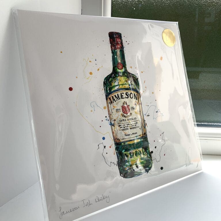 A print of Jameson Irish Whiskey by Kathryn Callaghan, which features the eponymous green Irish Whiskey. The 30cm print is presented flat in a clear cello bag with a golden KC sticker in the top right.