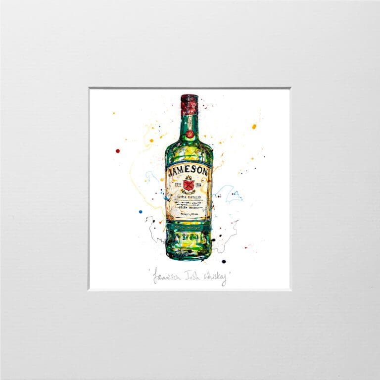 A digital mockup showing how a miniature print of Jameson Irish Whiskey by Kathryn Callaghan will look presented in a 23cm mount. The print features the eponymous Irish Whiskey in its iconic green bottle.