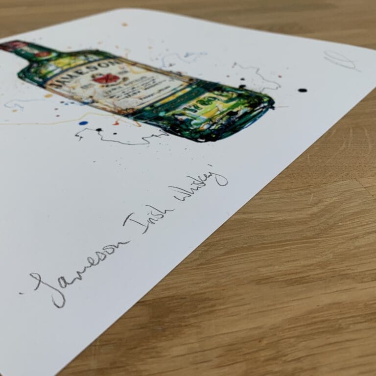 Photograph of Jameson Irish Whiskey by Kathryn Callaghan, which shows the print's title handwritten in the bottom left corner and the artist's signature in the bottom right, with space between to add a custom personalisation.