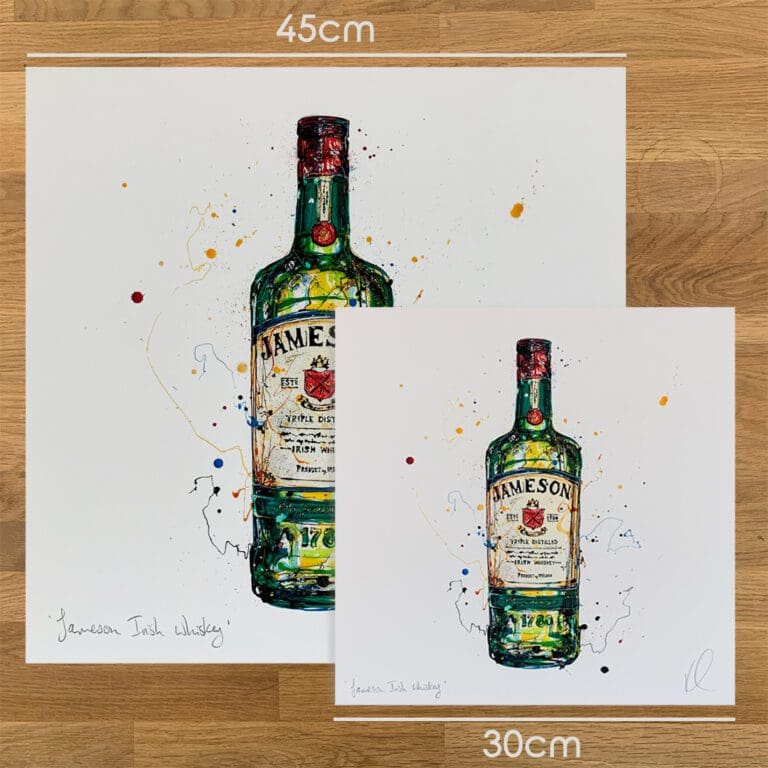 Two prints of Bushmills Irish Whiskey by Kathryn Callaghan, to show the size difference between the 45cm print and the 30cm print.