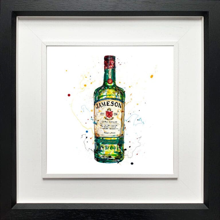 Jameson Irish Whiskey, a print by Kathryn Callaghan, shown in a deluxe black frame.