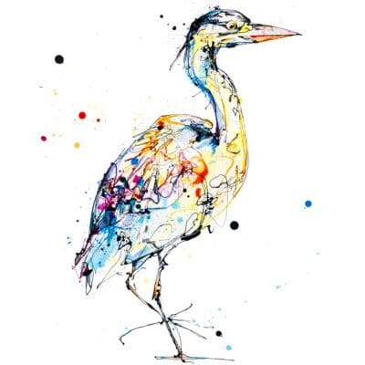 A print by Kathryn Callaghan titled 'Serenity'. The print features a heron standing on one foot with the other raised to take a step, painted In blues, yellows, oranges and pinks, with a striking orange eye.