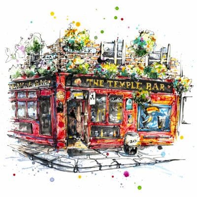 A poured painting of The Temple Bar pub in Dublin by Kathryn Callaghan. The print of this painting is titled 'Temple Bar, Dublin'.