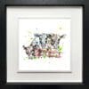 A print of three dairy cows looking over a red fence by Kathryn Callaghan, named Well, Hello, shown in a Deluxe Black frame.