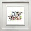 A print of three dairy cows looking over a red fence by Kathryn Callaghan, named Well, Hello, shown in a Deluxe White frame.