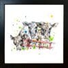 A print of three dairy cows looking over a red fence by Kathryn Callaghan, named Well, Hello, shown in a Standard Black frame.