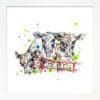 A print of three dairy cows looking over a red fence by Kathryn Callaghan, named Well, Hello, shown in a Standard White frame.