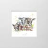 A digital mockup showing how a miniature print of Well, Hello by Kathryn Callaghan will look presented in a 23cm mount. Well, Hello features three dairy cows looking over a red fence gate.