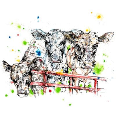 A print by Kathryn Callaghan titled 'Well, hello'. The print features three dairy cows looking at the viewer over a red fence gate. The cow on the left of the image has its head lowered.