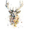 A print of a stag named 'Aura' by Kathryn Callaghan. The print features a stag's head and torso captured in poured black lines, shaded with golden brown, pink, and soft blue.