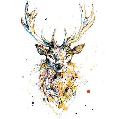 A print of a stag named 'Aura' by Kathryn Callaghan. The print features a stag's head and torso captured in poured black lines, shaded with golden brown, pink, and soft blue.