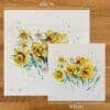 Two prints of Happy Days by Kathryn Callaghan, a print of a vivid spray of daffodils, to show the size difference between the 45cm print and the 30cm print.