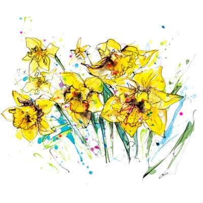 A print of a seven butter-yellow daffodils named 'Happy Days' by Kathryn Callaghan. The daffodils are facing to the left of the image.