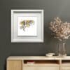 A print by Kathryn Callaghan displayed in situ. The print, named 'Hover', features a barn owl in flight, and is shown in a deluxe white frame in situ above a pine sideboard on a dark khaki wall.