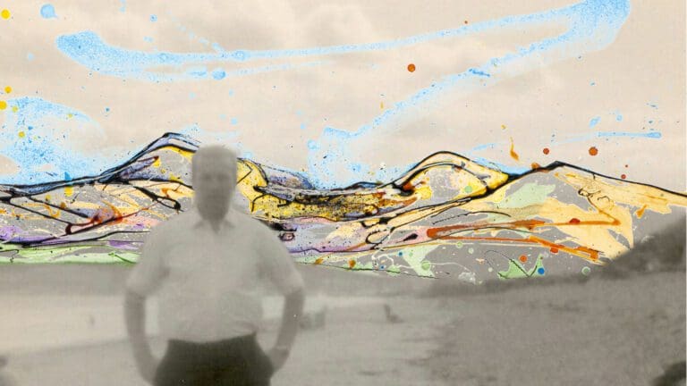 A composite image featuring an old black and white photograph of a man on Newcastle Beach, with Kathryn Callaghan's painting "Newcastle, Co. Down" in the background overlaid over the actual Mourne Mountains.