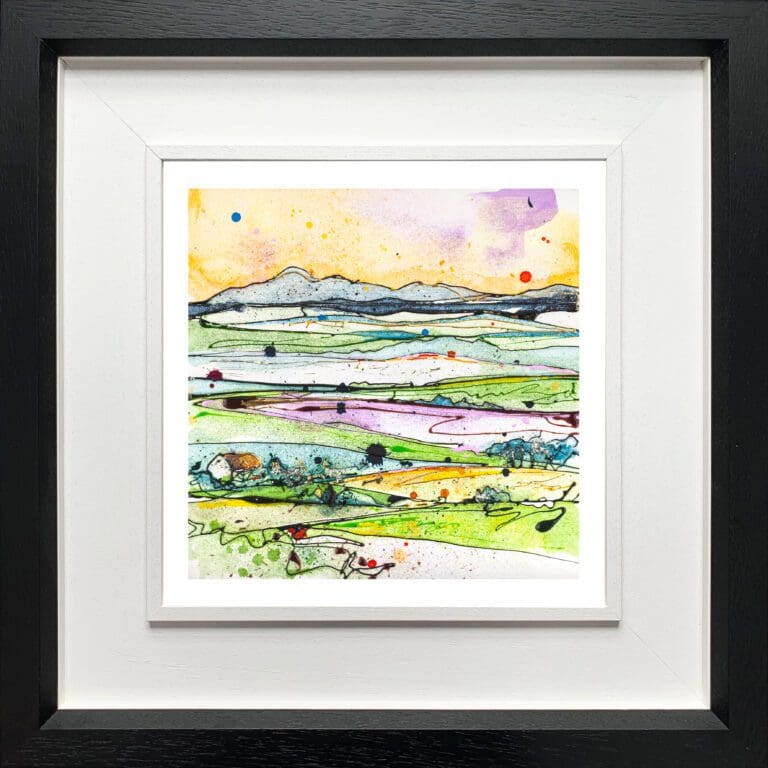 A landscape print by Kathryn Callaghan, named 'Across the Drumlins', displayed in a Deluxe Black frame.