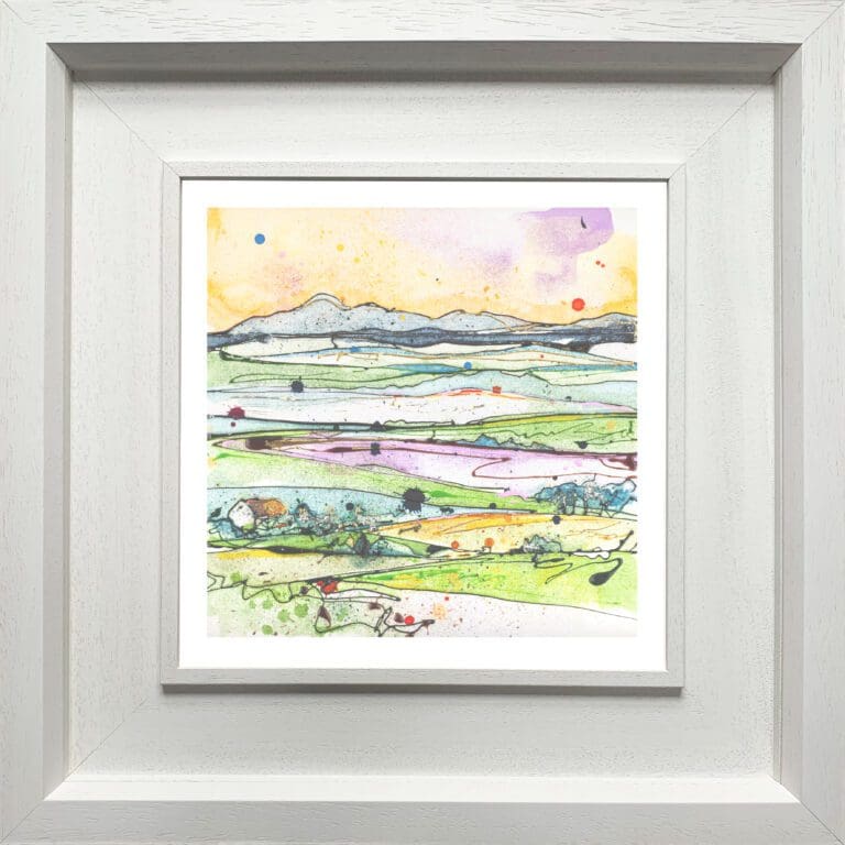 A landscape print by Kathryn Callaghan, named 'Across the Drumlins', displayed in a Deluxe White frame.